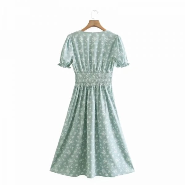 Summer Women V Neck Elastic Waist Printed Midi Dress Female Puff Sleeve Clothes Casual Lady Loose Vestido D7709