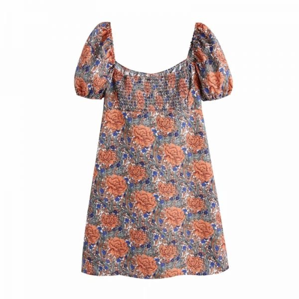 Summer Women Vintage Floral Printing Square Collar Mini Dress Female Puff Sleeve Clothes Casual Lady Loose Vestido D7691