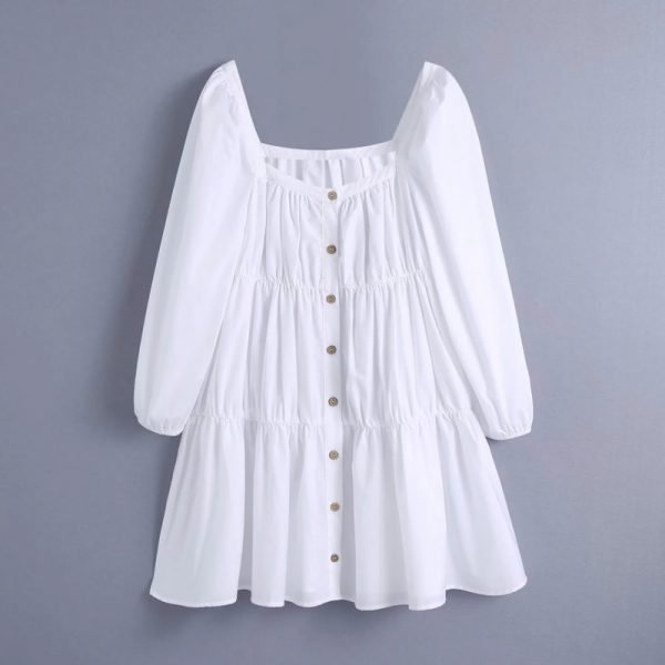 Summer Women Square Collar Single Breasted Pleated Mini Dress Female Nine Quarter Sleeve Clothes Casual Lady Loose Vestido D7555