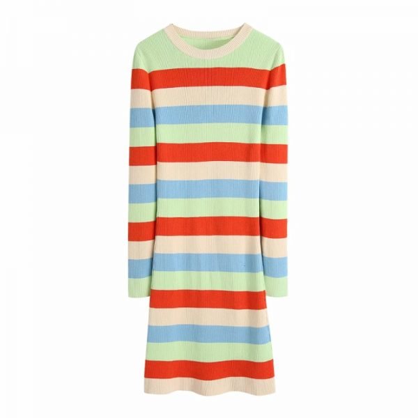Hot Sale Women Colored Striped Knitted Midi Dress Female O Neck Long Sleeve Clothes Casual Lady Slim Vestido D8285