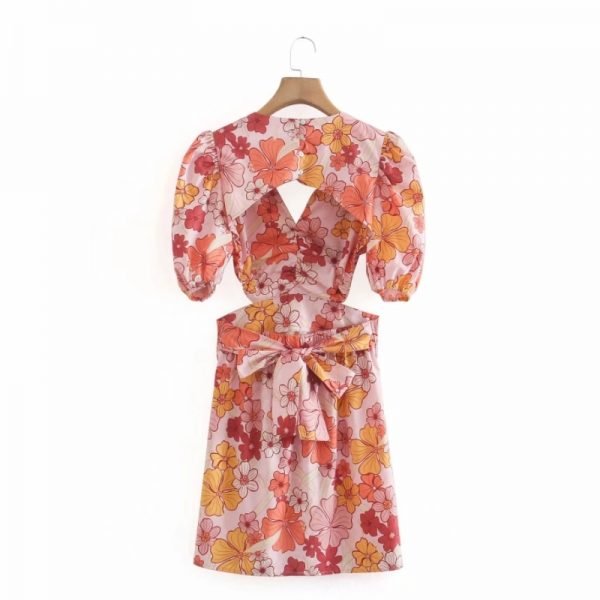 Summer Women Flower Printing Backless Mini Dress Female V Neck Puff Sleeve Clothes Casual Lady Slim Vestido D7715
