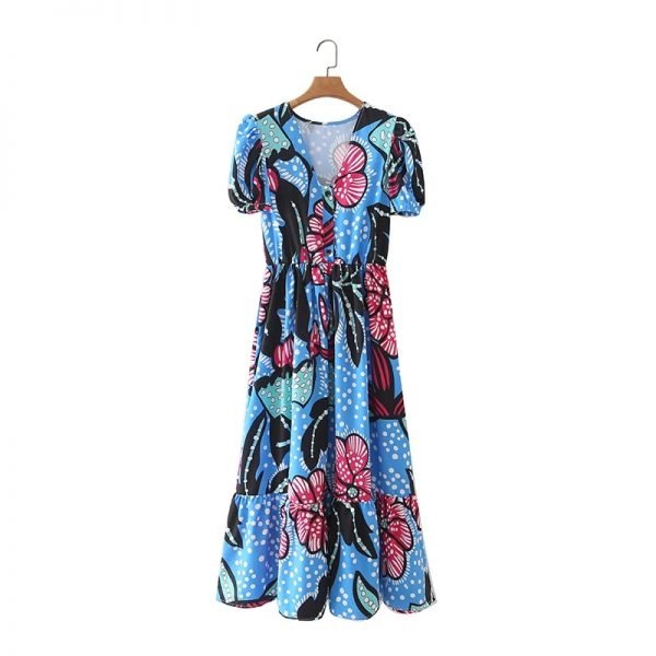 Summer Women Elegant Flower Print V Neck Midi Dress Female Puff Sleeve Clothes Leisure Lady Loose Vestido D7933
