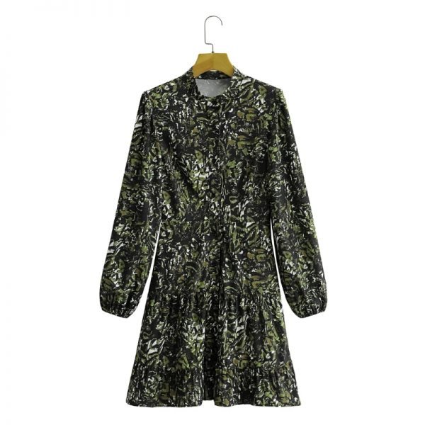 New Spring Women Vintage Printing Mini Shirt Dress Female Stand Collar Long Sleeve Clothes Loose Vestido D7029