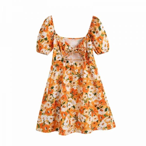 Summer Women Floral Printing Square Collar Lace Up Mini Dress Female Puff Sleeve Clothes Casual Lady Loose Vestido D7851