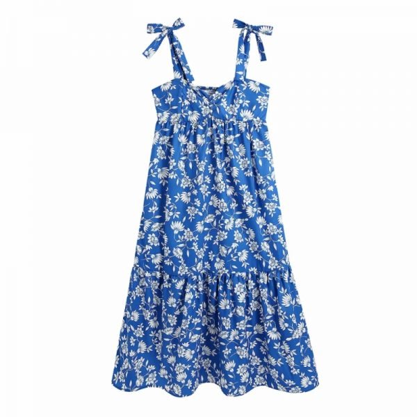 Summer Women Floral Printing Lace Up Suspender Midi Dress Female Sleeveless Clothes Casual Lady Loose Vestido D7696
