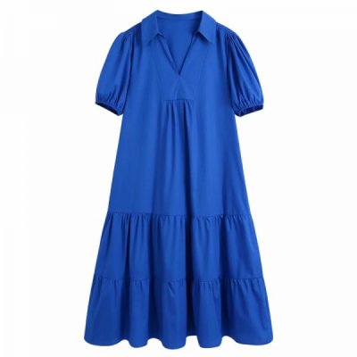 Hot Sale Women Blue Tiered Ruffle Midi Dress Female Puff Sleeve Clothes Casual Lady Loose Vestido D8305