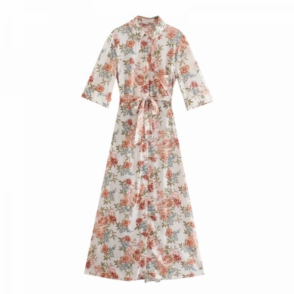 Hot Sale Women Floral Print Sashes Midi Shirt Dress Female Half Sleeve Clothes Casual Lady Loose Vestido D8222