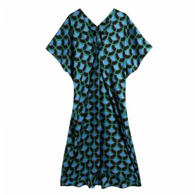 Hot Sale Women Geometric Printing V Neck Batwing Sleeve Midi Dress Female Clothes Casual Lady Loose Vestido D8198
