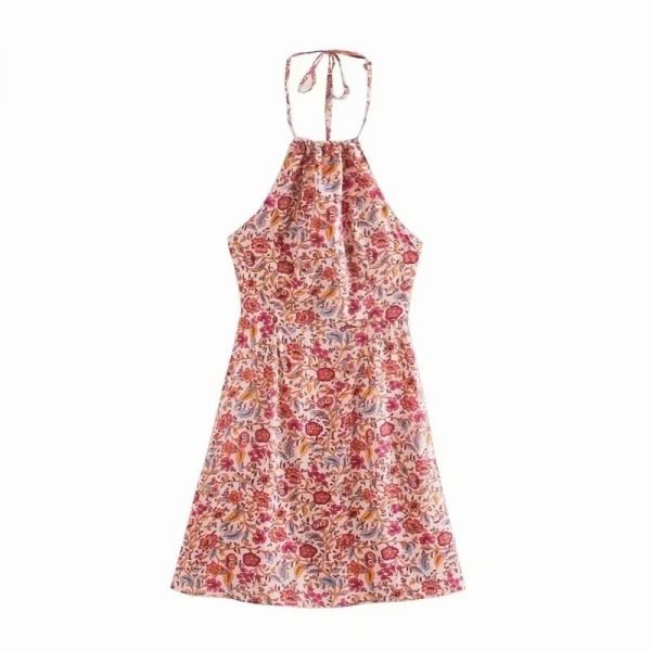 Summer Women Vintage Floral Print Halter Mini Dress Female Sleeveless Clothes Leisure Lady Slim Vestido D7961