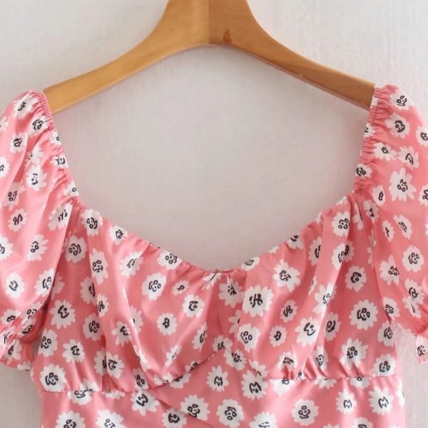Summer Women Flower Printing Cascading Ruffle Pink Midi Dress Female Short Sleeve Clothes Leisure Loose Vestido D7905