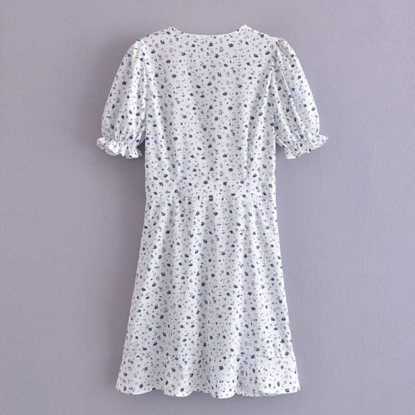 Summer Women Elegant Print Cross V Neck Mini Dress Female Puff Sleeve Clothes Casual Lady Slim Vestido D7821