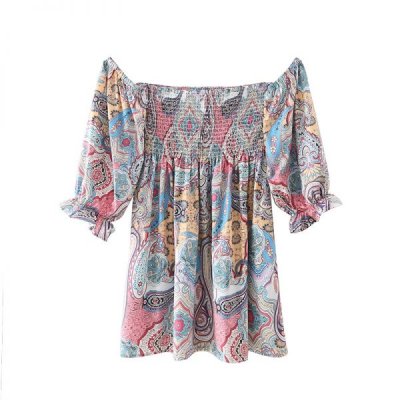 Summer Women Vintage Paisley Printing Slash Neck Mini Dress Female Nine Quarter Sleeve Clothes Leisure Lady Slim Vestido D7955