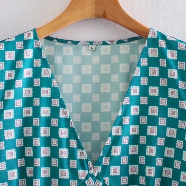Summer Women Geometric Printing V Neck Pleating Midi Dress Female Short Sleeve Clothes Casual Lady Loose Vestido D7858