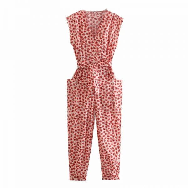 Summer Women Floral Print Sashes Patch Pocket Siamese Ankle Length Pants Casual Female Loose Jumpsuits P2179
