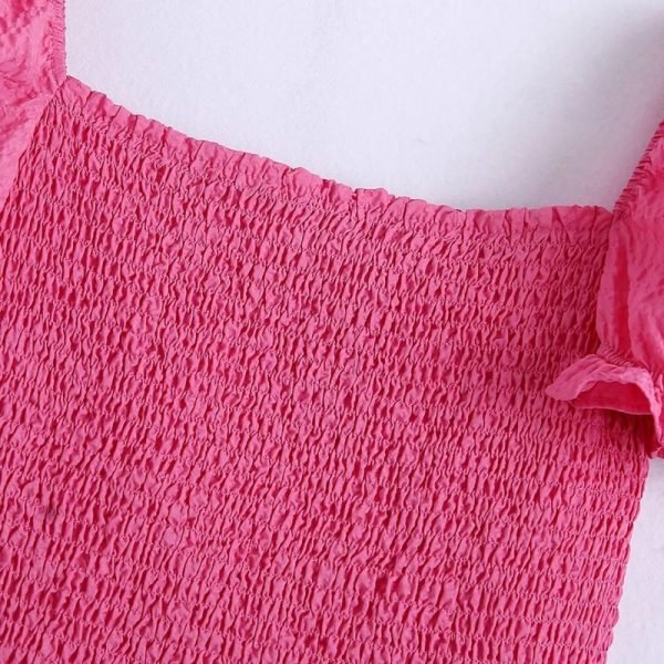 Summer Women Stretch Pleated Pink Slim Mini Dress Female Puff Sleeve Clothes Leisure Lady Vestido D8011