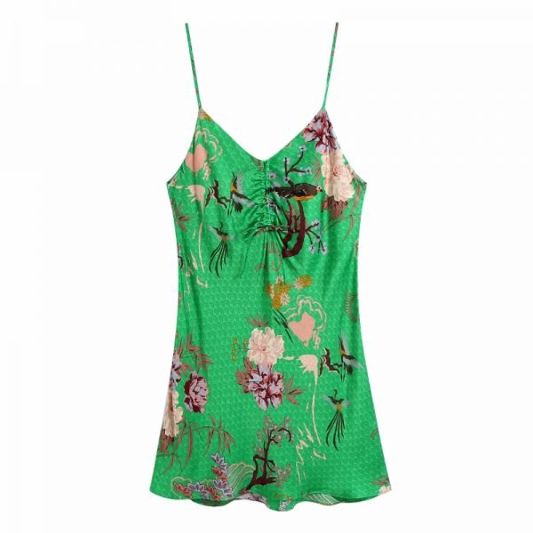 Hot Sale Women Bird Printing Green Suspender Mini Dress Female Drawstring Bowknot Clothes Casual Lady Loose Vestido D8203