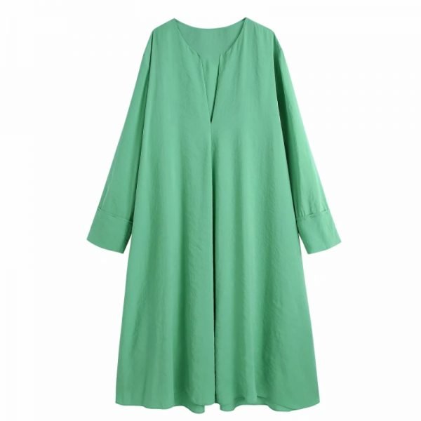 Summer Women V Neck Loose Midi Dress Female Long Sleeve Clothes Casual Lady Solid Vestido D7671