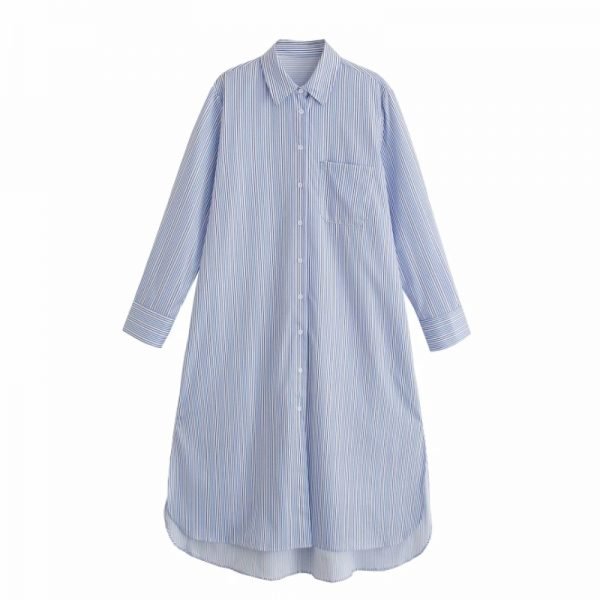 Summer Women Side Slit Striped Midi Shirt Dress Female Long Sleeve Clothes Casual Lady Loose Vestido D7590