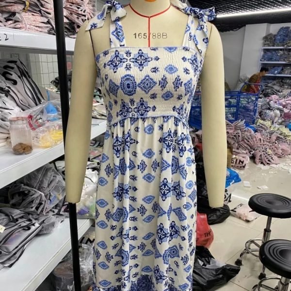 Summer Women Elegant Printing Elastic Bust Suspender Midi Dress Female Sleeveless Clothes Casual Lady Slim Vestido D8155