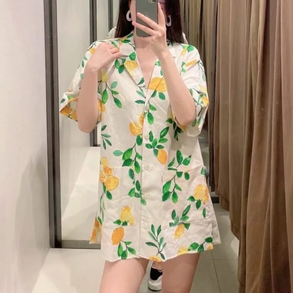 Summer Women Lemon Printing Patch Pocket Linen Mini Dress Female Short Sleeve Clothes Casual Lady Loose Vestido D7870
