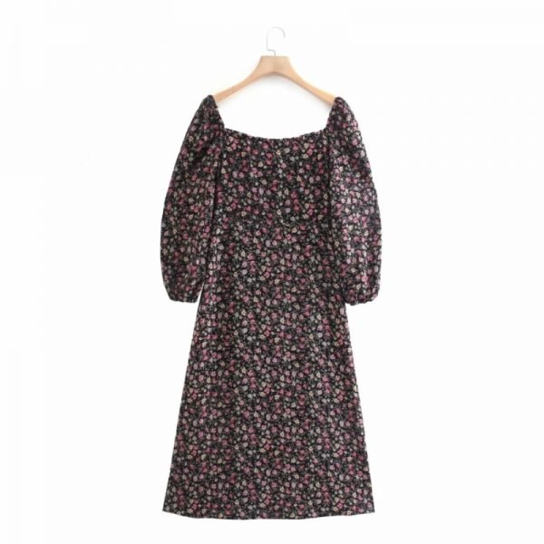 Hot Sale Women Vintage Flower Print Square Collar Slim Midi Dress Female Nine Quarter Sleeve Clothes Casual Lady Vestido D8318