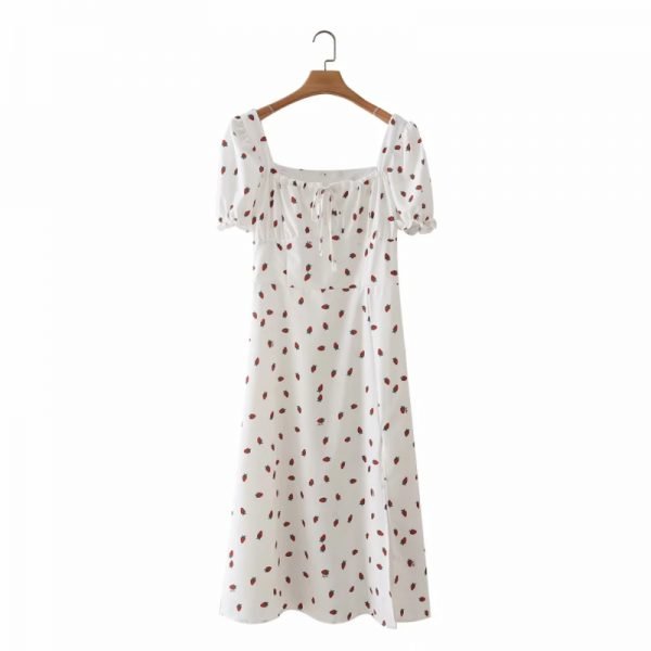 Summer Women Strawberry Printing Side Slit Midi Dress Female Puff Sleeve Clothes Leisure Lady Loose Vestido D7997