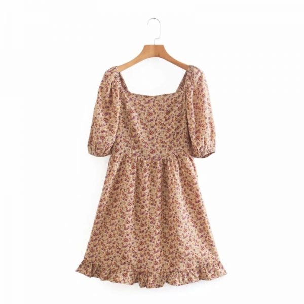 Summer Women Floral Print Square Collar Mini Dress Female Puff Sleeve Clothes Casual Lady Loose Vestido D7867