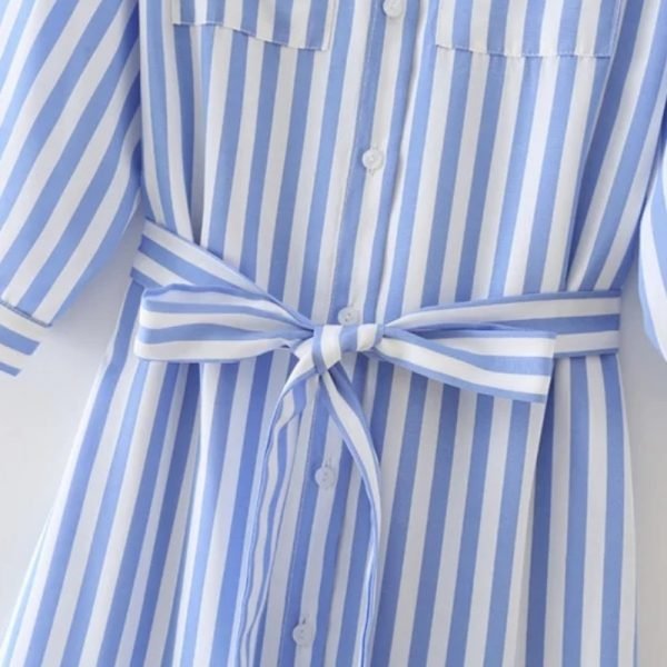 Hot Sale Women Stand Collar Sashes Striped Shirt Dress Female Three Quarter Sleeve Clothes Casual Lady Loose Vestido D8191