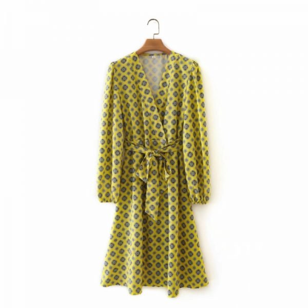 Hot Sale Women Ethnic Style Print V Neck Sashes Yellow Midi Dress Female Long Sleeve Clothes Casual Lady Loose Vestido D8271