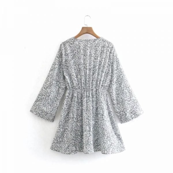 Summer Women Digital Printing V Neck Mini Shirt Dress Female Long Sleeve Clothes Casual Lady Loose Vestido D7857