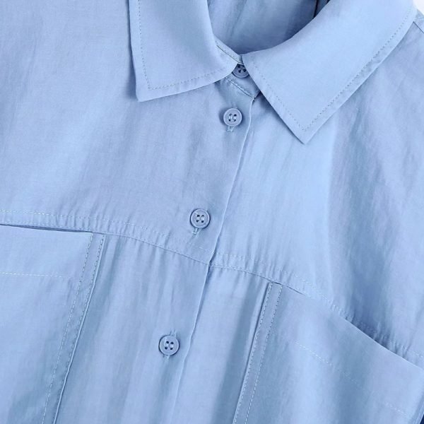 Summer Women Patch Pocket Blue Mini Shirt Dress Female Short Sleeve Clothes Casual Lady Loose Vestido D7685