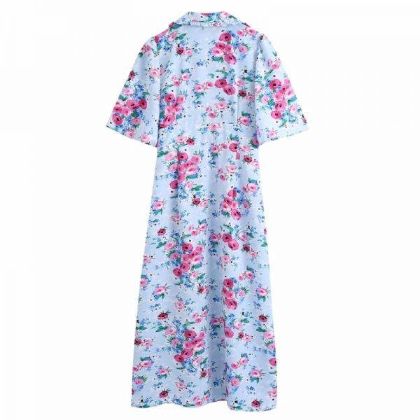 Hot Sale Women Flower Printing V Neck Side Slit Midi Dress Female Flare Sleeve Clothes Casual Lady Loose Vestido D8373