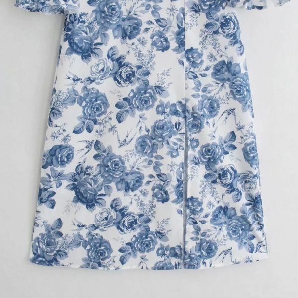 Summer Women Flower Bird Print Side Slit Midi Dress Female Puff Sleeve Clothes Casual Lady Loose Vestido D7862