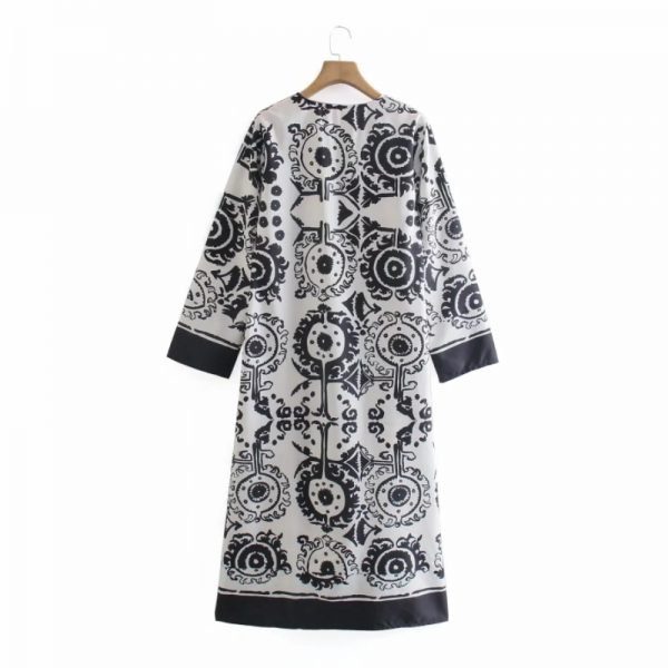 Summer Women Placement Print Midi Dress Female V Neck Long Sleeve Clothes Casual Lady Loose Vestido D7717