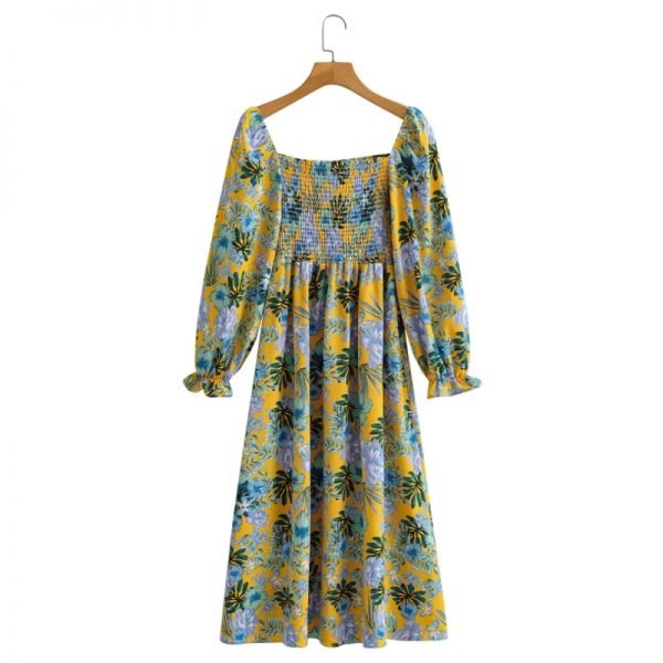 Hot Sale Women Flower Printing Square Collar Midi Dress Female Long Sleeve Clothes Casual Lady Slim Vestido D8252
