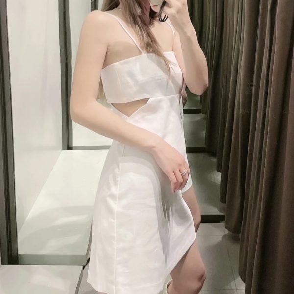 Summer Women Hollow Design White Suspender Mini Dress Female Sleeveless Clothes Casual Lady Slim Vestido D7637