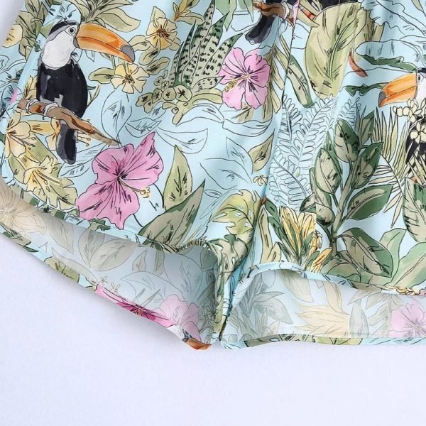 Summer Women Floral Bird Print Elastic Waist Shorts Casual Female Loose Clothes P2095