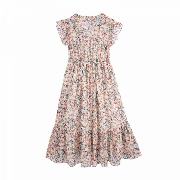 Summer Women Floral Print Chiffon V Neck Ruffle Midi Dress Female Butterfly Sleeve Clothes Casual Lady Loose Vestido D7839