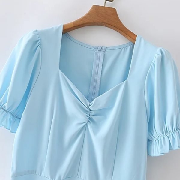 Summer Women Square Collar Pleating Blue A Line Dress Female Puff Sleeve Clothes Leisure Lady Loose Vestido D7929