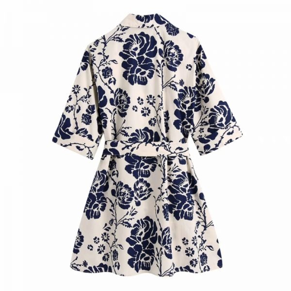 Summer Women Blue Floral Print Sashes Mini Shirt Dress Female Half Sleeve Clothes Casual Lady Loose Vestido D7883