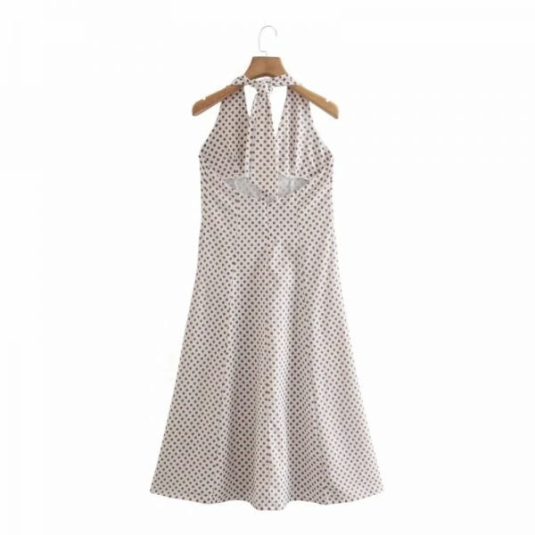 New Women Polka Dot Printing Deep V Neck Linen Midi Dress Female Halter Clothes Leisure Lady Loose Vestido D8067