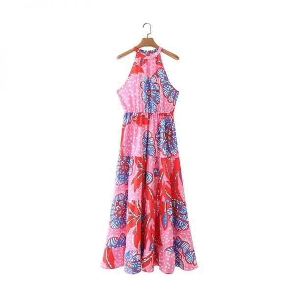 Summer Women Elegant Flower Print Stand Collar Midi Vest Dress Female Sleeveless Clothes Leisure Lady Loose Vestido D7935