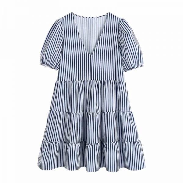 Hot Sale Women V Neck Tiered Ruffle Striped Mini Dress Female Puff Sleeve Clothes Casual Lady Loose Vestido D8312