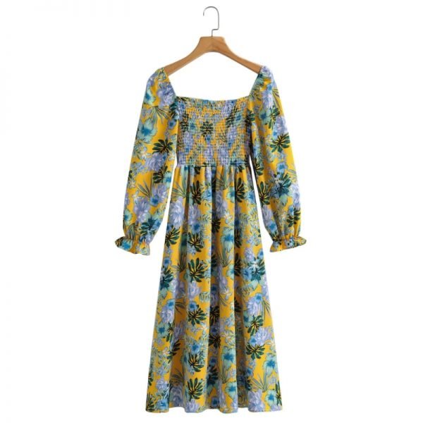 Hot Sale Women Flower Printing Square Collar Midi Dress Female Long Sleeve Clothes Casual Lady Slim Vestido D8252