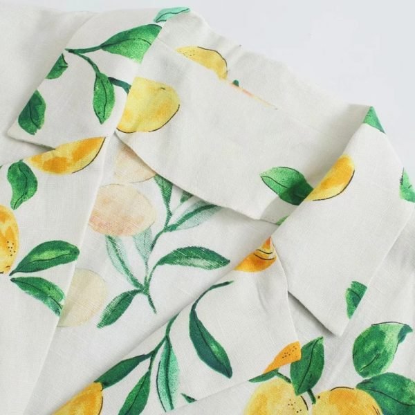 Summer Women Lemon Printing Patch Pocket Linen Mini Dress Female Short Sleeve Clothes Casual Lady Loose Vestido D7870
