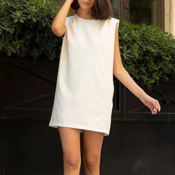 Hot Sale Women Shoulder Pads White Loose Mini Dress Female Sleeveless Clothes Casual Lady Vestido D8129