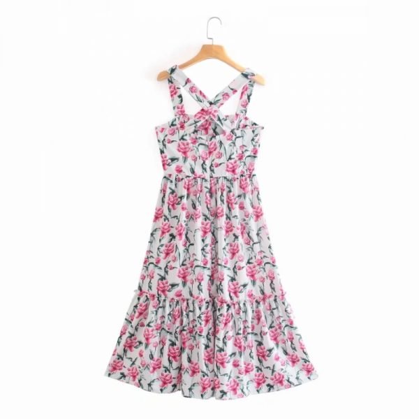 Summer Women Pink Floral Print Suspender Midi Dress Female Clothes Leisure Lady Loose Vestido D8061