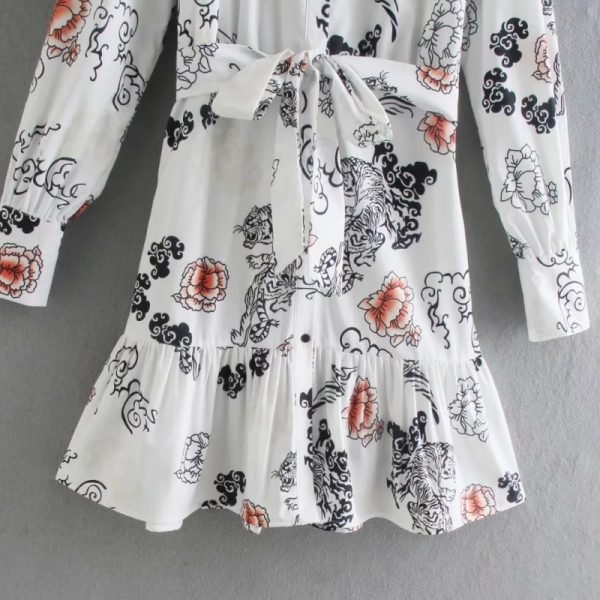 Hot Sale Women Tiger Print Sashes Ruffled Hem Mini Shirt Dress Female Long Sleeve Clothes Casual Lady Loose Vestido D8113