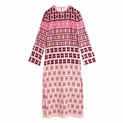 Summer Women Geometric Printing Side Slit Midi Dress Female O Neck Long Sleeve Clothes Casual Lady Loose Vestido D7829