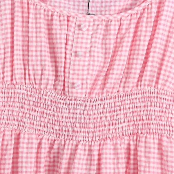 Summer Women Pink Plaid Suspender Midi Dress Female Elastic Waist Clothes Casual Lady Loose Vestido D7725